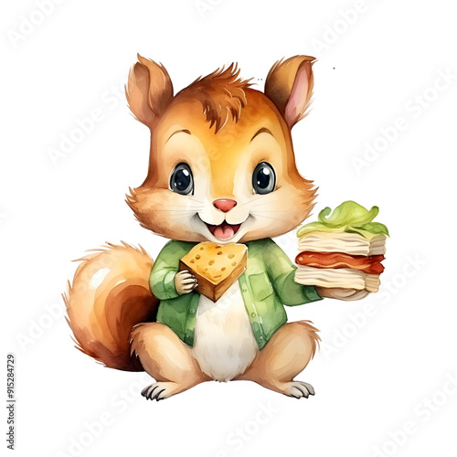 cute cartoon squirrel eating a sandwich with its owner, full body, single object, watercolor illustration photo