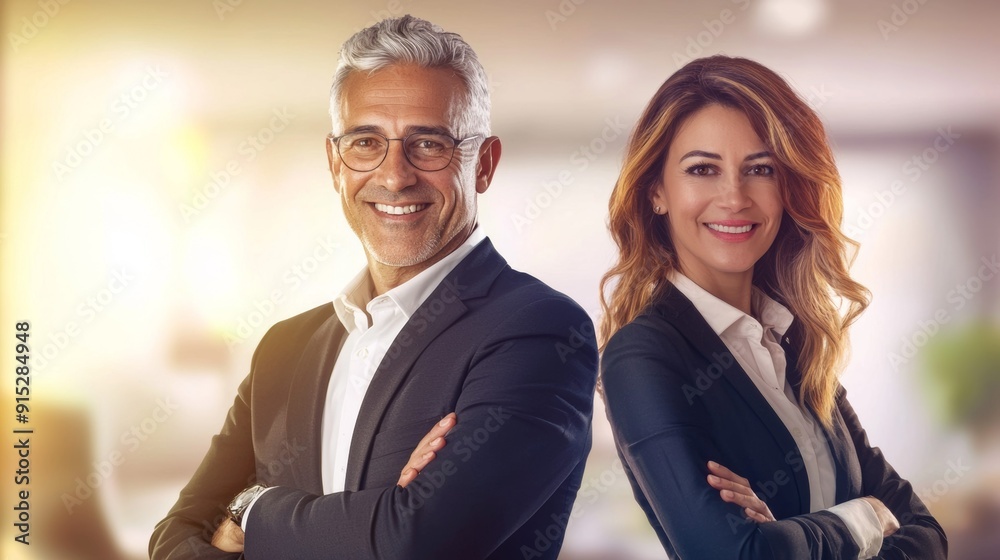 two business people smiling and standing together two business people smiling and standing together