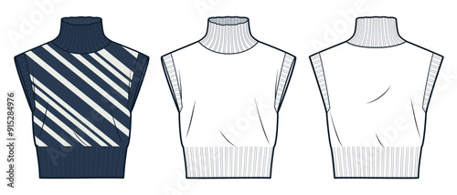 Roll Neck Sweater technical fashion illustration, striped pattern. Sweater Vest fashion flat technical drawing template, crop, front and back view, white, blue, women, men, unisex CAD mockup set.