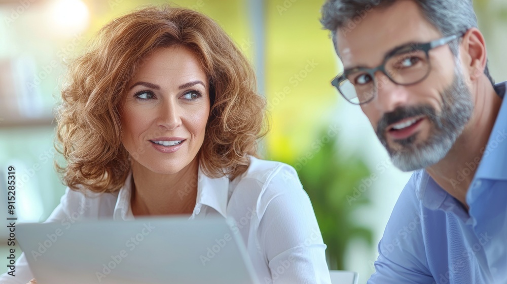 a man and woman looking at a laptop a man and woman looking at a laptop