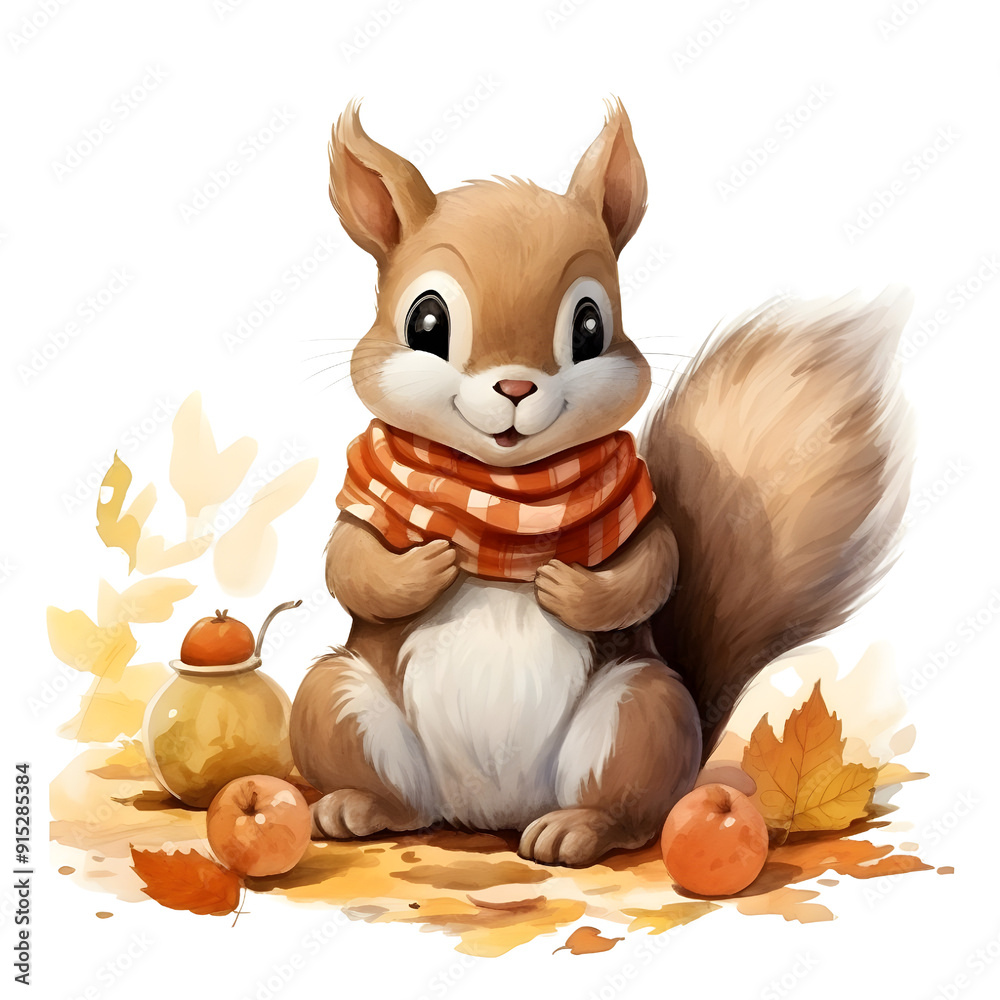 Fototapeta premium Cute cartoon squirrel eating food on a picnic blanket covered with fallen leaves, full body, single object, watercolor illustration