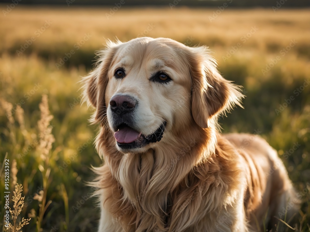 Obraz premium golden retriever Running happily in the big grass field in the evening sunlight. 