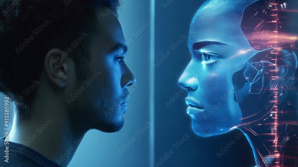 Man facing digital twin hologram, artificial intelligence and human interaction concept