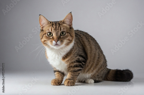 A cute fat cat looks shyly at the camera.