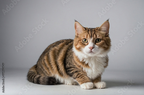 A cute fat cat looks shyly at the camera.