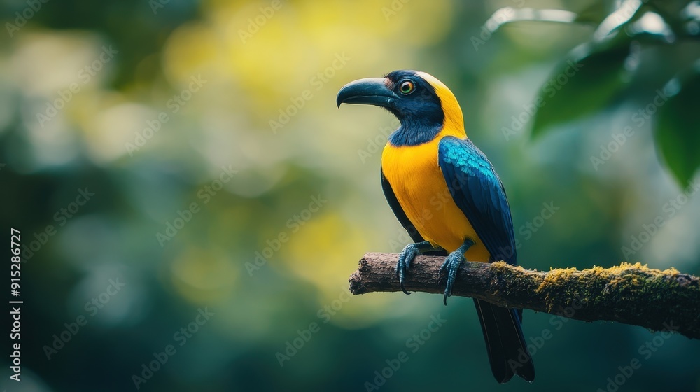 Obraz premium Vibrant Close-Up of Tropical Bird with Striking Colors Perched on Branch in Lush Greenery