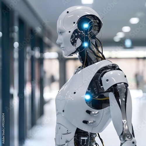 An elegant white robot with a smooth, streamlined design, glancing sideways, set in a modern, well-lit showroom environment.
