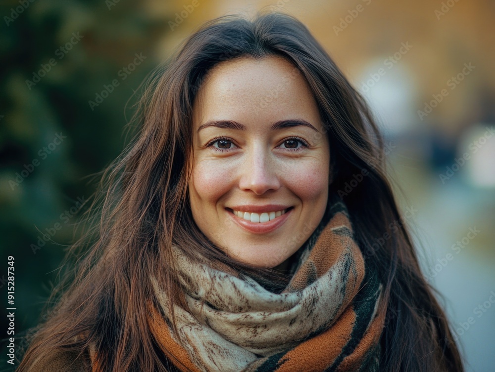 Woman with long brown hair wearing scarf Woman with long brown hair wearing scarf