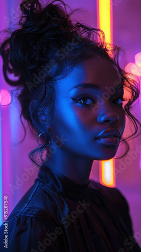 Close-up portrait of woman in blue and orange lighting