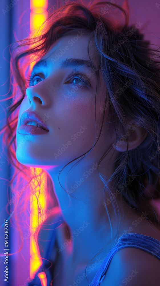 Woman in vibrant neon lights looking up with hope Woman in vibrant neon lights looking up with hope