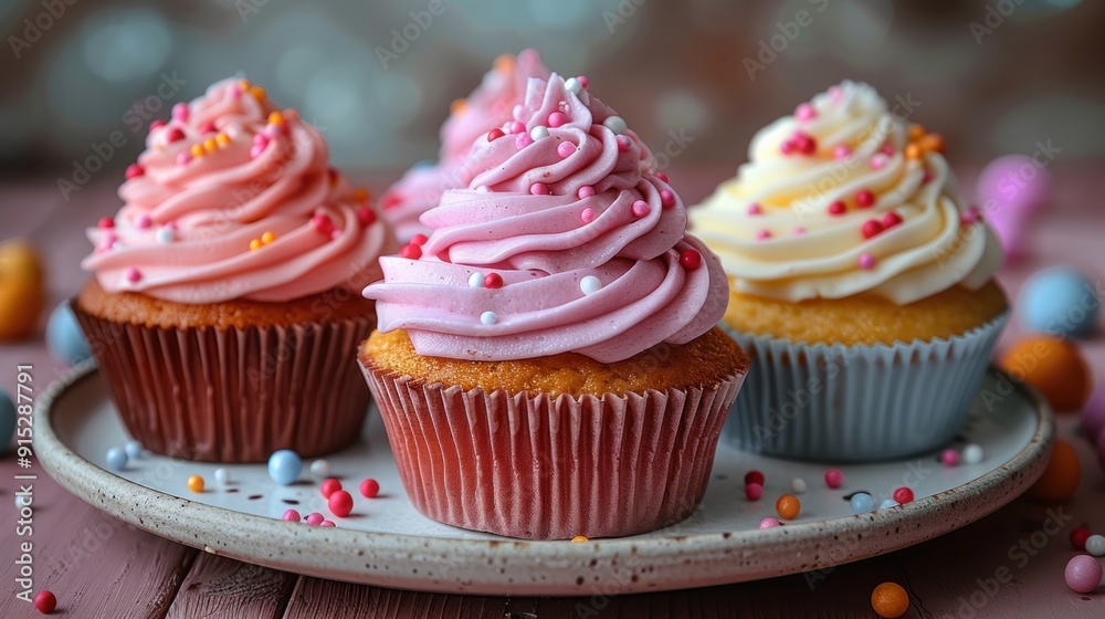 Three Deliciously Decorated Cupcakes on a Plate Three Deliciously Decorated Cupcakes on a Plate