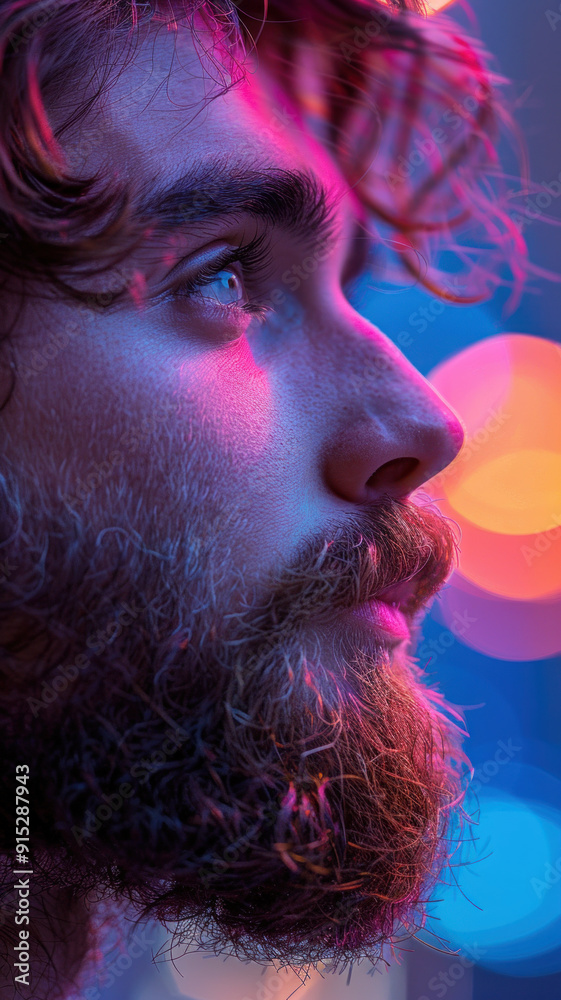 Portrait of man with beard looking up in colorful lighting Portrait of man with beard looking up in colorful lighting
