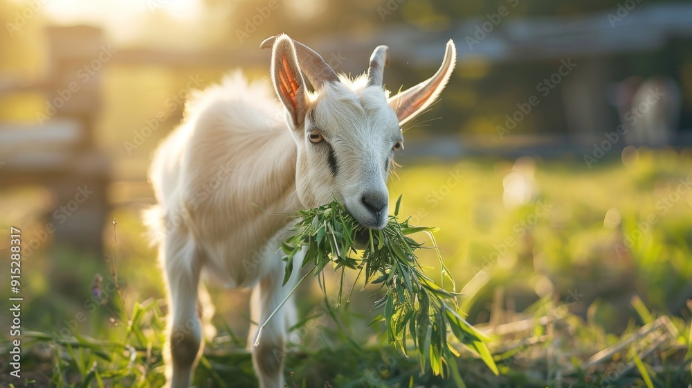 Fototapeta premium A Goat Grazing on Grass in a Field