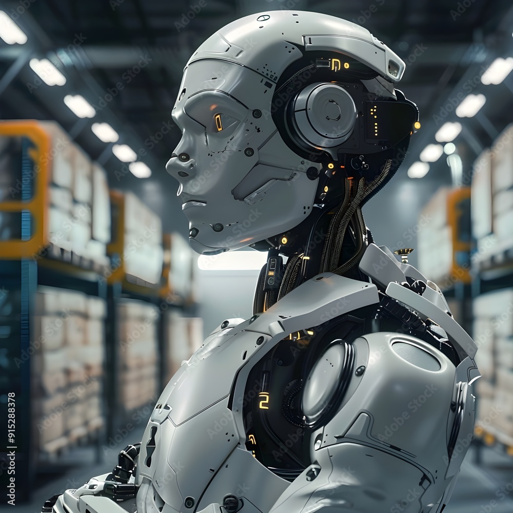 A sophisticated humanoid robot with a reflective surface, showcasing a futuristic design and advanced robotics technology in a factory environment. A sophisticated humanoid robot with a reflective surface, showcasing a futuristic design and advanced robotics technology in a factory environment.