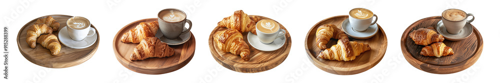 Collection of golden-brown croissants with a cup of latte coffee on a round wooden plate or tray isolated on a transparent background, cut out, PNG Collection of golden-brown croissants with a cup of latte coffee on a round wooden plate or tray isolated on a transparent background, cut out, PNG