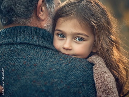 A tender moment of care and protection between an older man and a young child