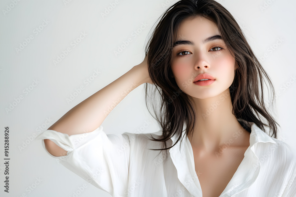 Beautiful young European woman with clean fresh skin on white background. Face care, Facial treatment concept Beautiful young European woman with clean fresh skin on white background. Face care, Facial treatment concept