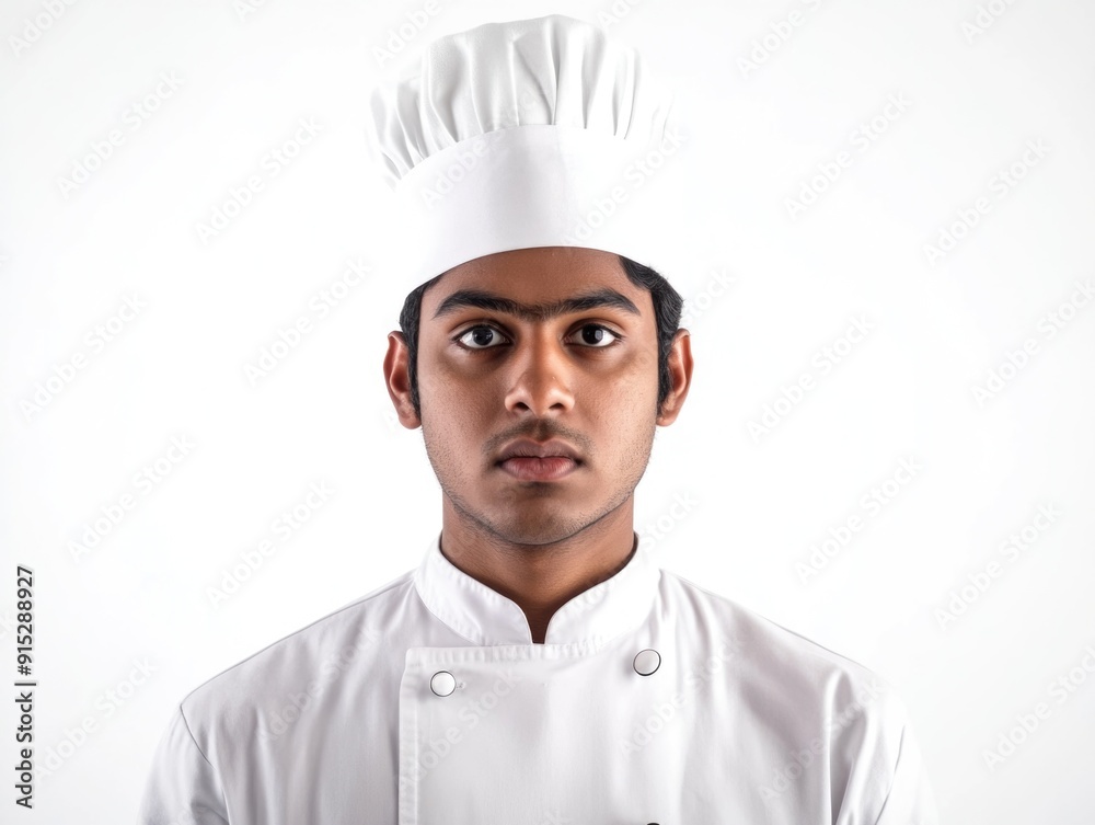 A man wearing a chef's hat looks directly at the camera, in a kitchen setting A man wearing a chef's hat looks directly at the camera, in a kitchen setting
