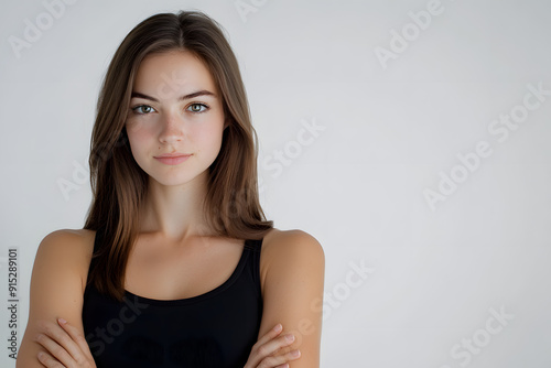 Beautiful young European woman with clean fresh skin on white background. Face care, Facial treatment concept