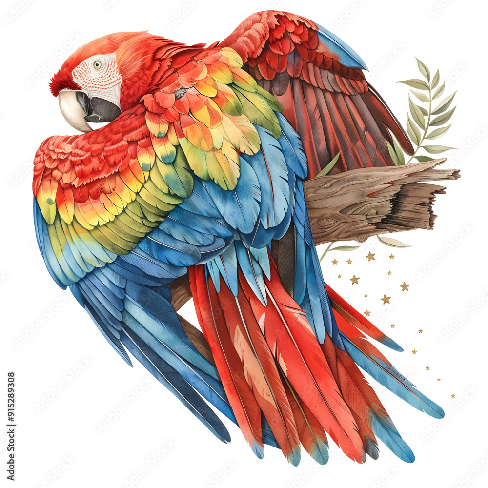 Obraz premium Beautiful parrot and owner lying down looking at stars at night, full body, watercolor illustration, single object, isolate on white background.