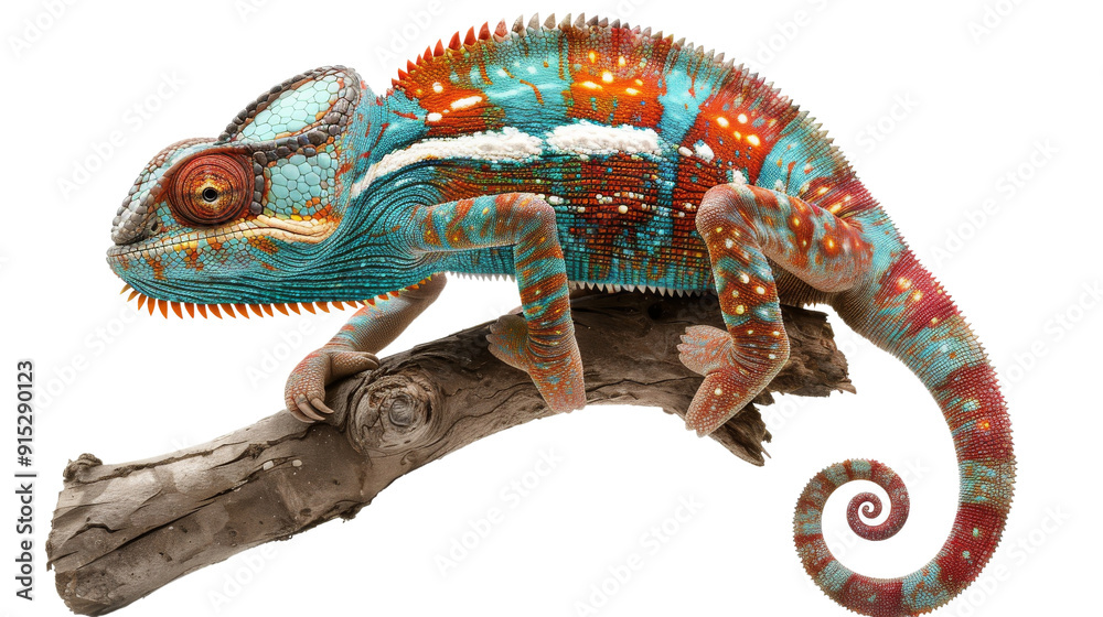 Fototapeta premium A vibrantly colored chameleon perched on a branch, showcasing its unique and striking patterns and adaptive camouflage abilities.