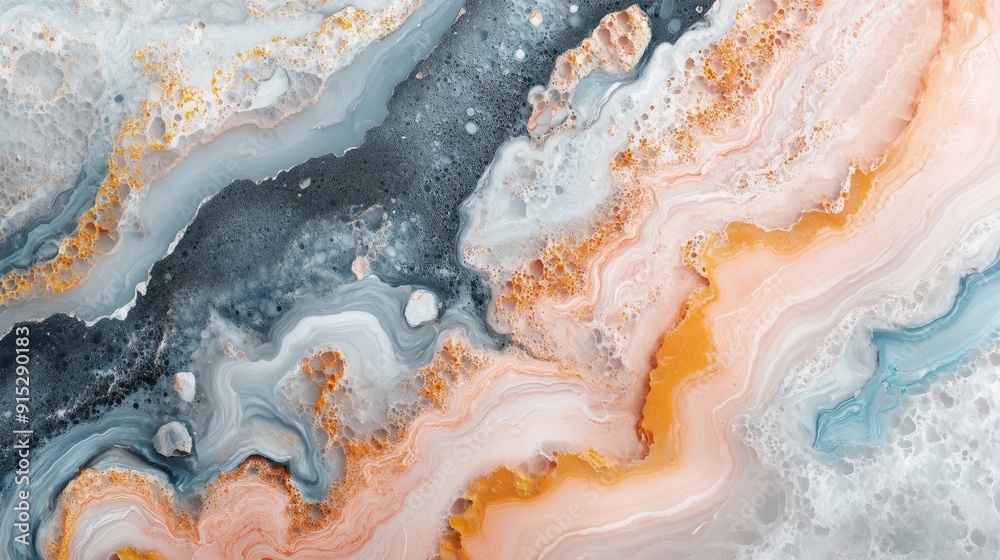 Closeup of vibrant orange and blue marble with intricate patterns and luxurious texture. Closeup of vibrant orange and blue marble with intricate patterns and luxurious texture.