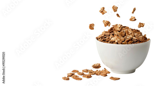 A white bowl filled with crunchy granola spilling over isolated on a white background, perfect for breakfast or snack imagery.
