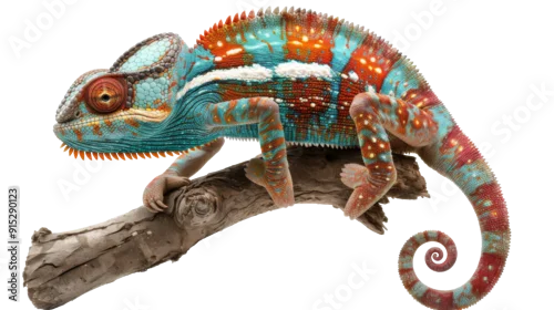 Obraz A vibrantly colored chameleon perched on a branch, showcasing its unique and striking patterns and adaptive camouflage abilities.