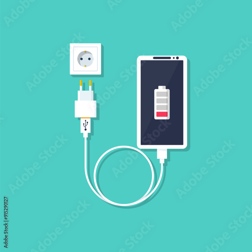Phone on charging. Smartphone with charger. Full battery on the device screen. Vector illustration flat design. Isolated on white background. Connect to the electrical outlet of the phone.