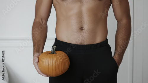 The image features a shirtless man holding a small orange pumpkin in his hand, with his other hand in his black pants, emphasizing a minimalist and modern lifestyle.