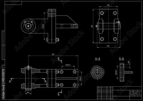 Vector drawing of steel mechanical part with through holes
and dimension lines.
Engineering cad scheme. Technical template.
