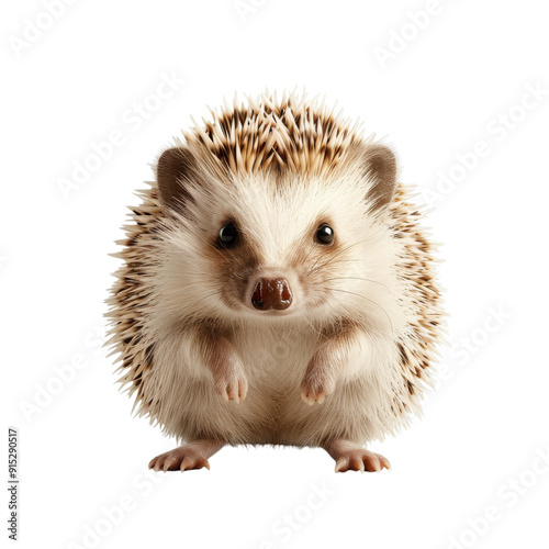 Close-up of an adorable hedgehog with spiky fur in an isolated white background, showcasing its curious and cute expression.