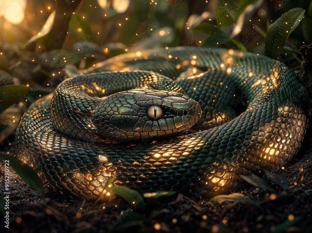 Fototapeta premium Close-Up of Green Snake Coiled on Forest Floor with Glowing Particles