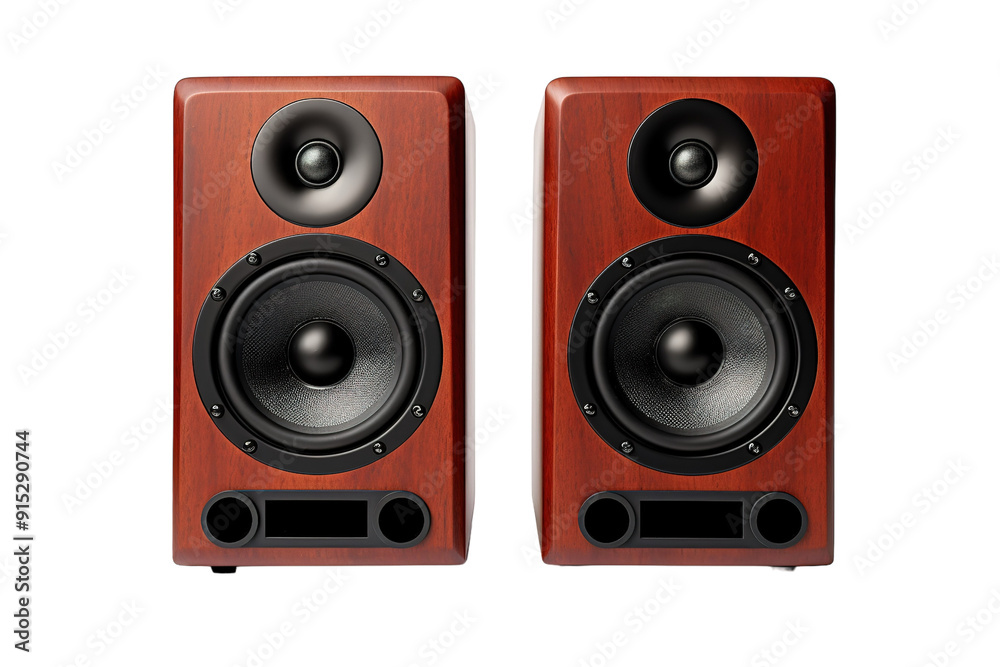 Elegant Wooden Speakers Displayed on a Minimalist Desk During a Cozy Evening on Transparent PNG Background. Elegant Wooden Speakers Displayed on a Minimalist Desk During a Cozy Evening on Transparent PNG Background.