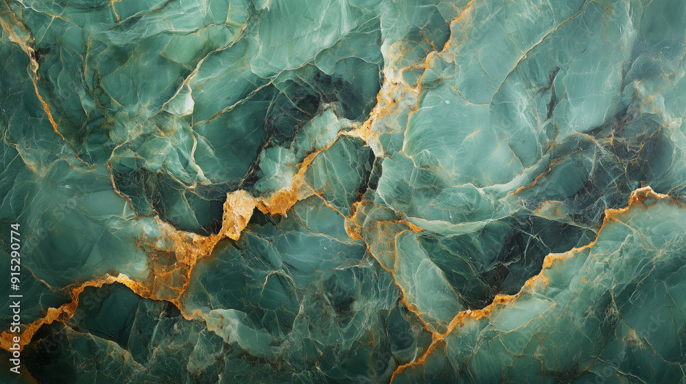 Closeup of green marble with golden veins, showing intricate natural patterns and luxurious texture. Closeup of green marble with golden veins, showing intricate natural patterns and luxurious texture.