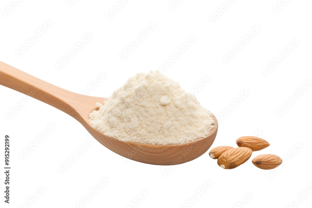 Delicate Almond Flour Piled High in a Wooden Spoon With Whole Nuts Nearby on Transparent PNG Background. Delicate Almond Flour Piled High in a Wooden Spoon With Whole Nuts Nearby on Transparent PNG Background.