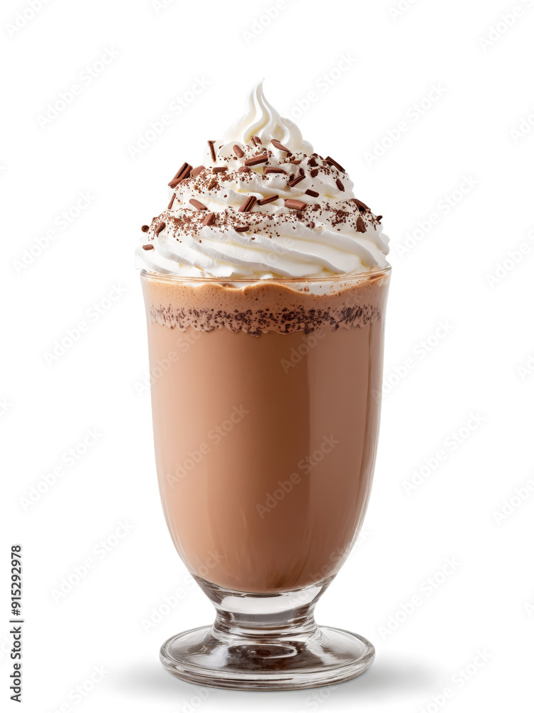 Belgian Chocolate Milk in clear glass topped with whipped cream and sprinkle of cocoa powder Belgian Chocolate Milk in clear glass topped with whipped cream and sprinkle of cocoa powder