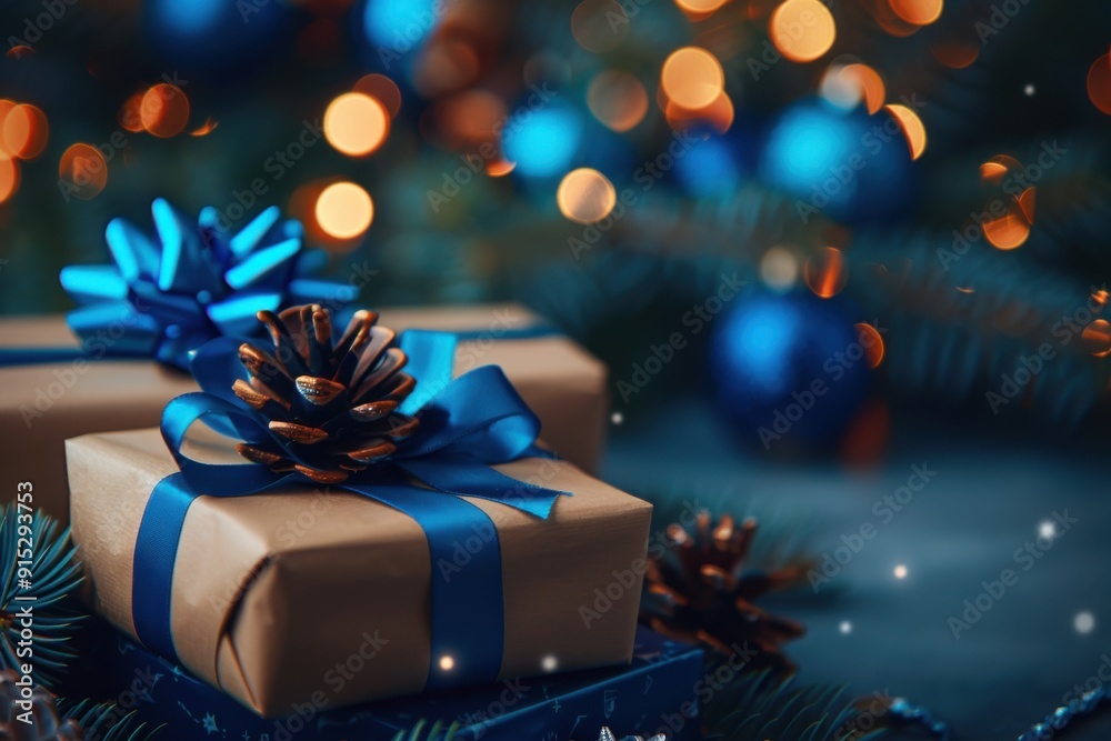 Christmas Presents with Blue Ribbons and Snowfall: A Cozy and Festive Holiday Display in a Winter Wonderland Christmas Presents with Blue Ribbons and Snowfall: A Cozy and Festive Holiday Display in a Winter Wonderland