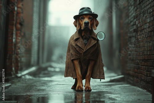 Detective Dog: A bloodhound wearing a trench coat, detective hat, and carrying a magnifying glass, standing in a foggy alley