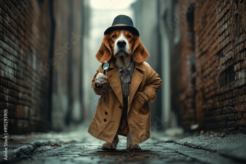 Detective Dog: A bloodhound wearing a trench coat, detective hat, and carrying a magnifying glass, standing in a foggy alley