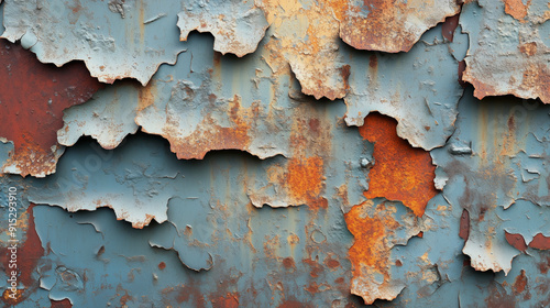 Closeup of rusty painted metal texture, showing peeling paint and detailed layers of corrosion.