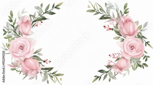Beautiful floral frame with pink roses and greenery, perfect for invitations and decorations.