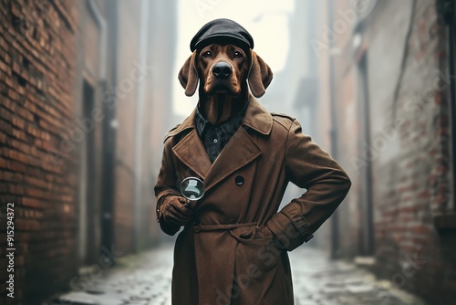 Detective Dog: A bloodhound wearing a trench coat, detective hat, and carrying a magnifying glass, standing in a foggy alley