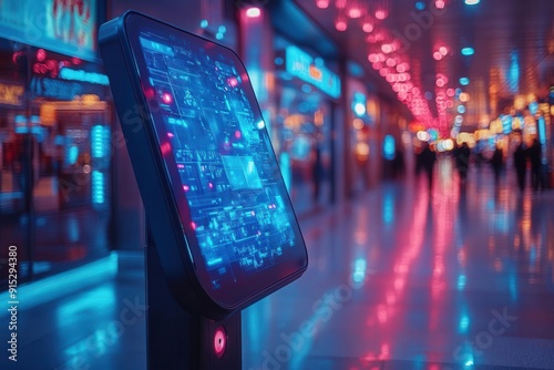 futuristic digital kiosk with holographic display sleek black design contrasting against blurred mall interior emanating cool blue light