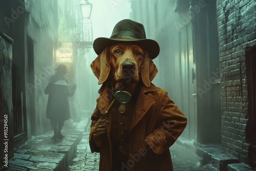 Detective Dog: A bloodhound wearing a trench coat, detective hat, and carrying a magnifying glass, standing in a foggy alley