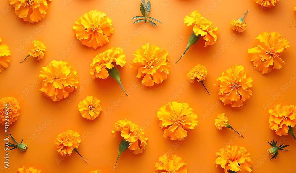 marigold flowers on top of a solid orange background with copy space for text. isolated on a solid orange background design