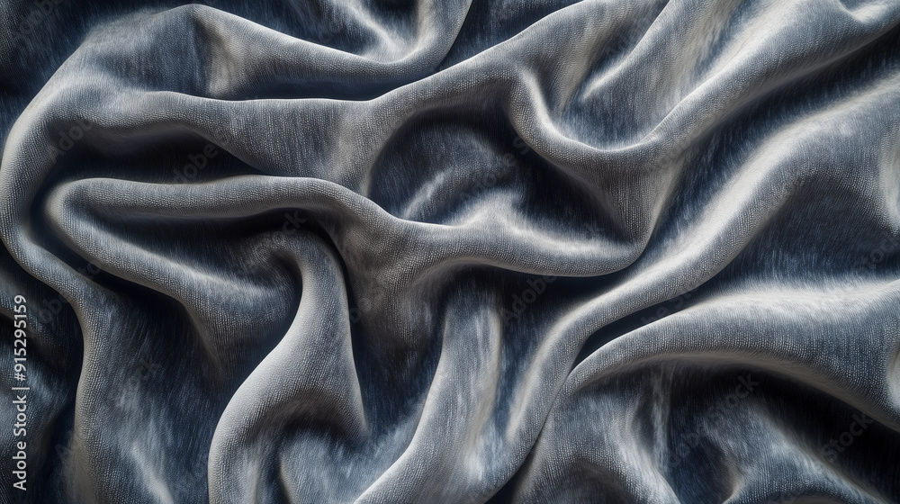 Closeup of gray velvet fabric with flowing folds and soft texture. Closeup of gray velvet fabric with flowing folds and soft texture.