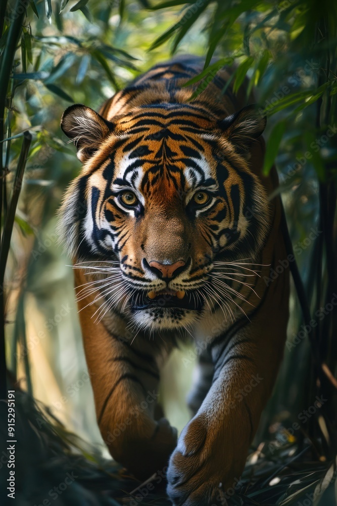 Stealthy Tiger in the Jungle - A powerful tiger moves stealthily through dense jungle foliage, its intense gaze focused ahead, embodying strength and grace. Stealthy Tiger in the Jungle - A powerful tiger moves stealthily through dense jungle foliage, its intense gaze focused ahead, embodying strength and grace.