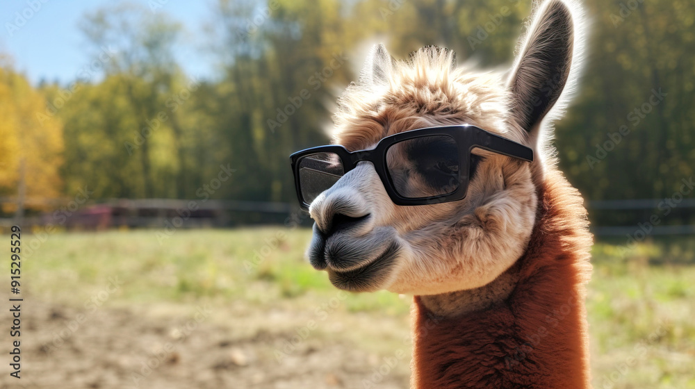 Obraz premium Alpaca, animal in sunglasses close-up blurred background of sunny nature.