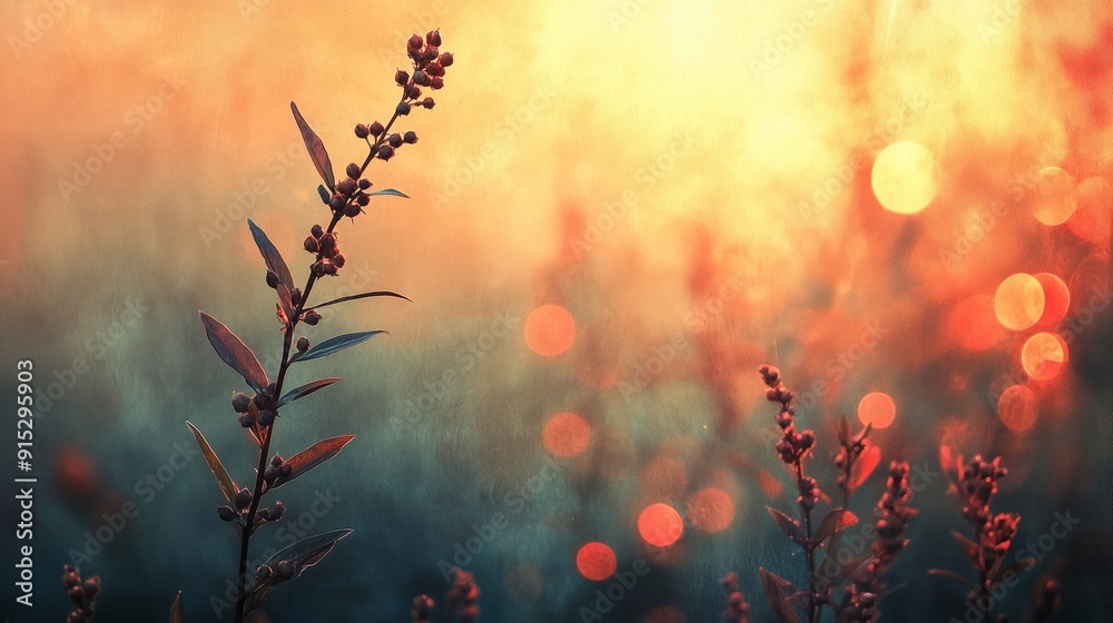 Silhouetted plants against a backdrop of an autumn sunset, with warm tones and bokeh lights.